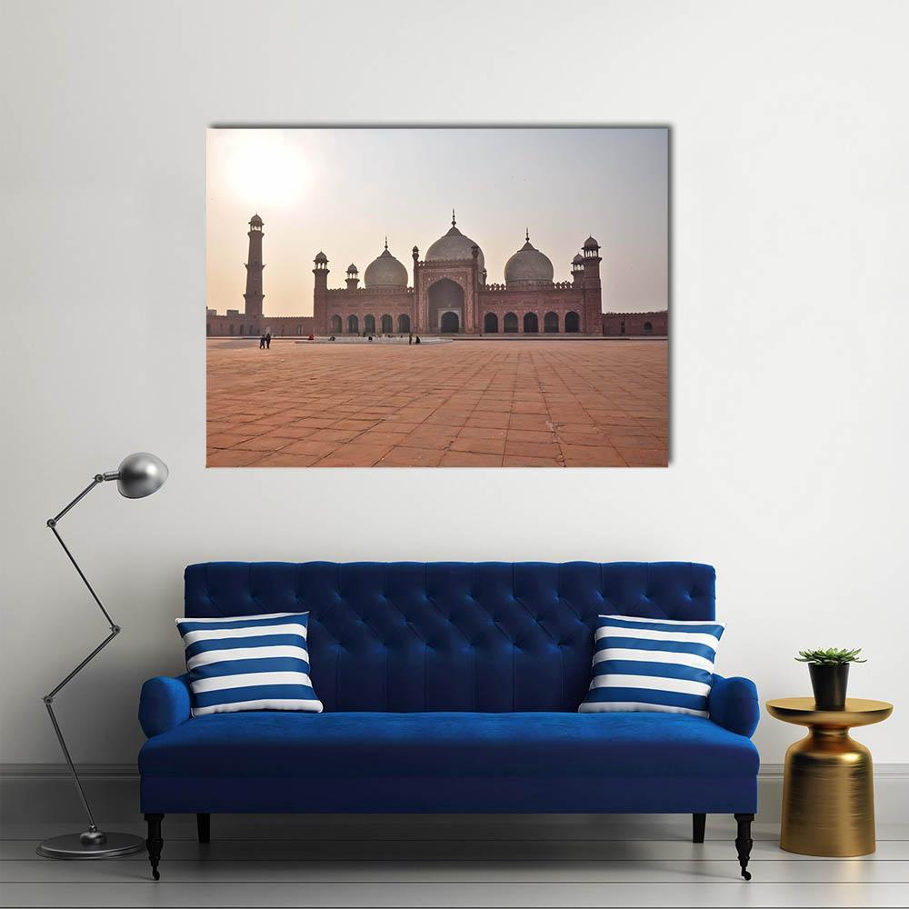Badshahi Mosque, Late Afternoon Canvas Wall Art in gray, brown and orange, single panel hung on a wall