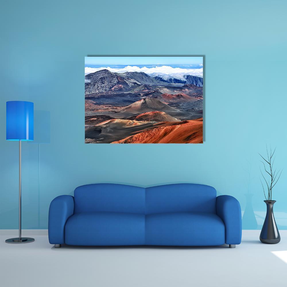 Haleakala Volcanic Landscape Canvas Wall Art in gray, brown and orange, single panel hung on a wall