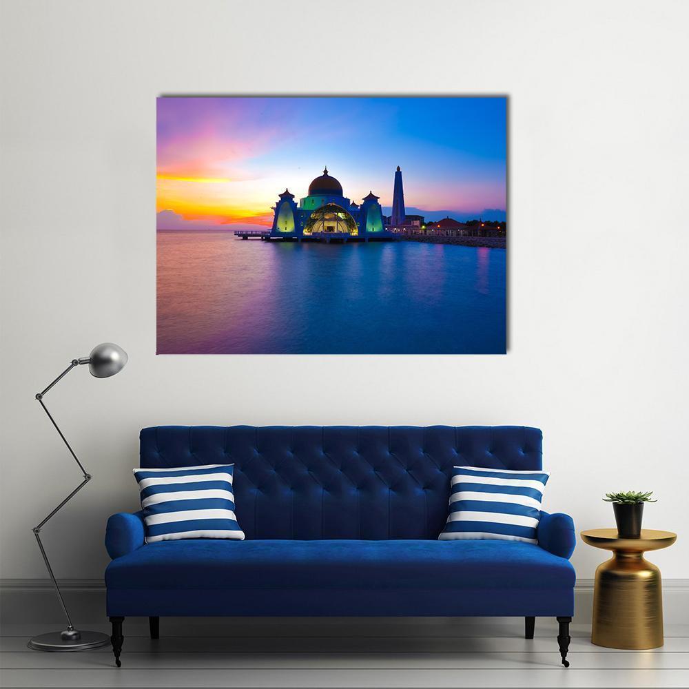 Masjid Selat Melaka Sunset Reflection Canvas Wall Art in orange, blue and purple, single panel hung on a wall