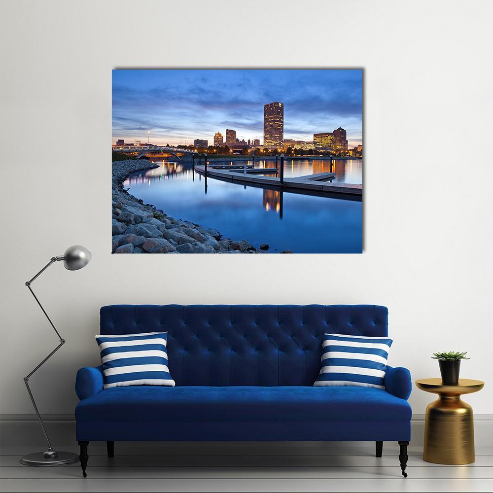 Milwaukee Skyline at Blue Hour Canvas Wall Art in blue, single panel hung on a wall