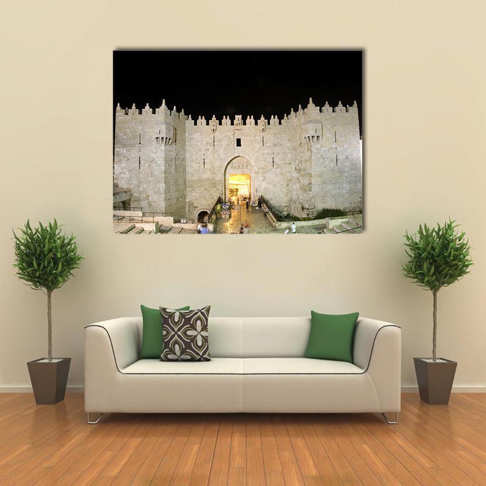Damascus Gate Entrance Canvas Wall Art in black, gray and beige, single panel hung on a wall