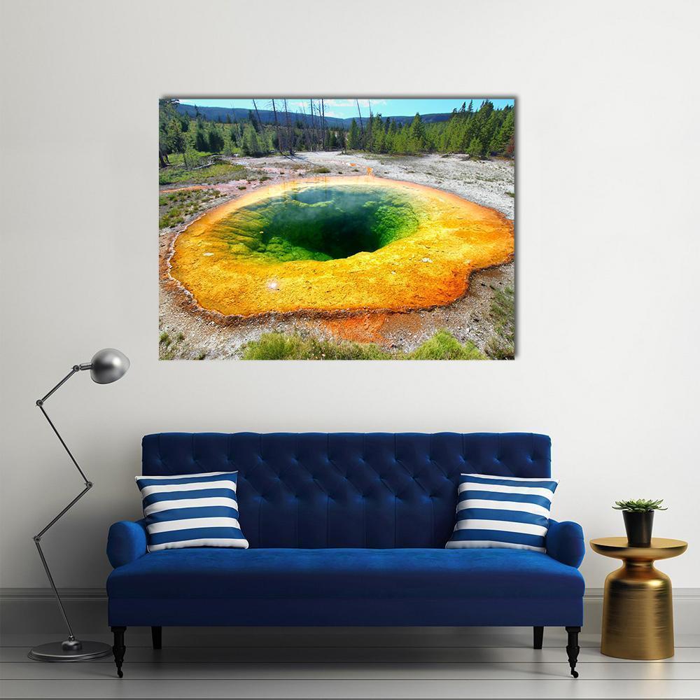 Morning Glory Pool Canvas Wall Art in orange, yellow and green, single panel hung on a wall