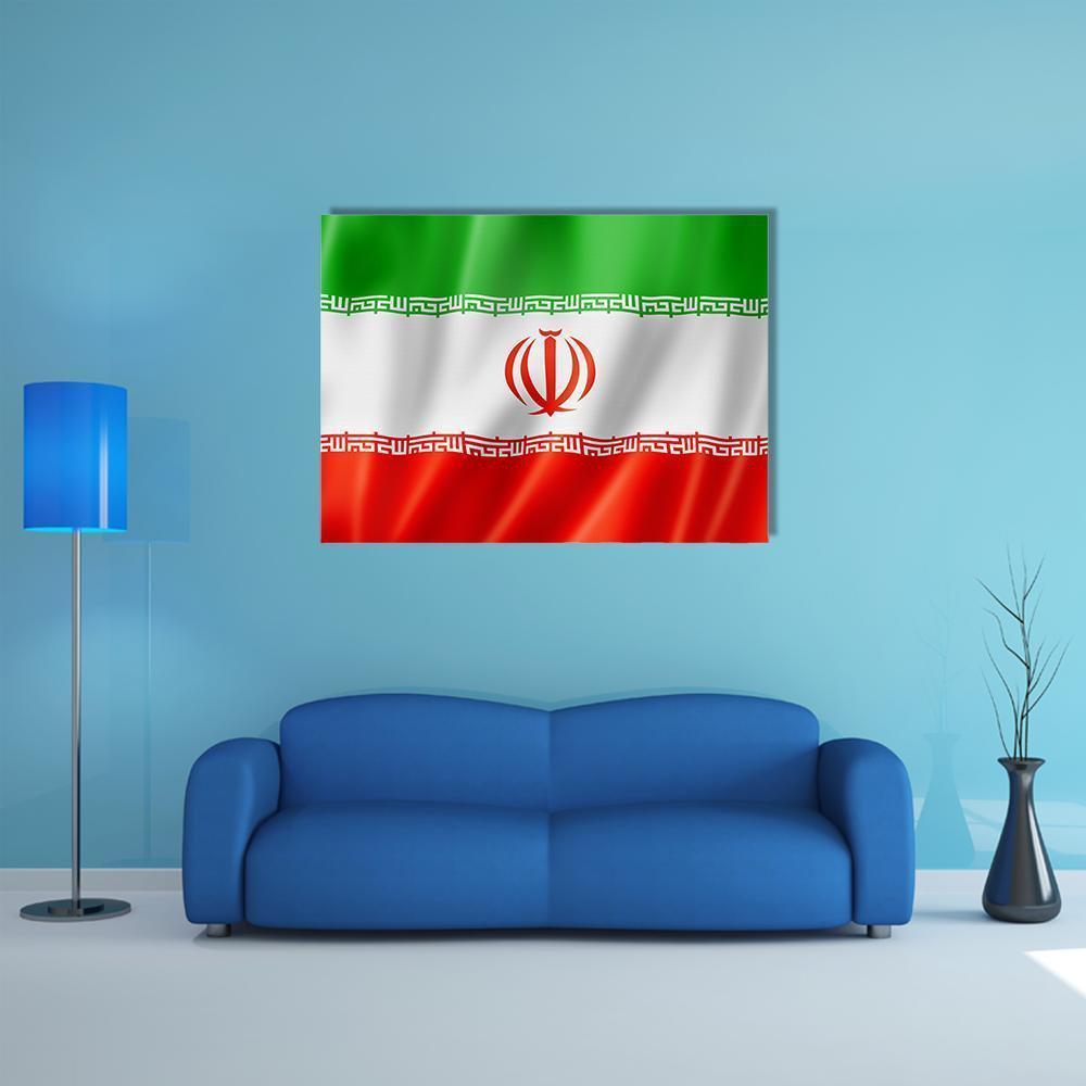 Iran Flag with Kufic Script and Emblem Canvas Wall Art in white, red and green, single panel hung on a wall