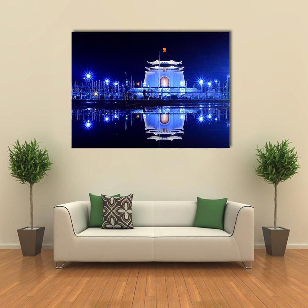 Night View of Chiang Kai Shek Memorial Canvas Wall Art in black, white and blue, single panel hung on a wall