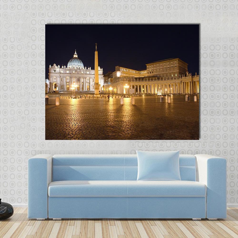 Saint Peter's Square at Night Canvas Wall Art in black, gold and yellow, single panel hung on a wall