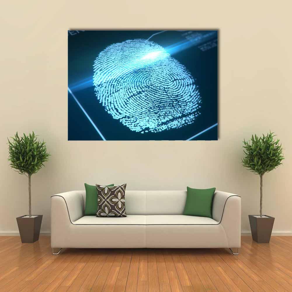 Digital Fingerprint Identification Canvas Wall Art in black and blue, single panel hung on a wall