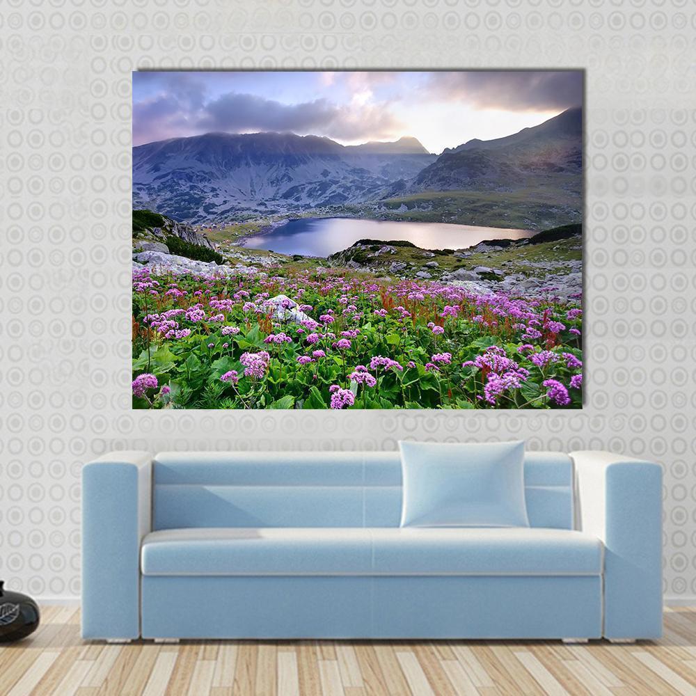 Retezat National Park With Lake On Mountain And Flowers Romania Canvas Wall Art-1 Piece-Gallery Wrap-36" x 24"-Tiaracle