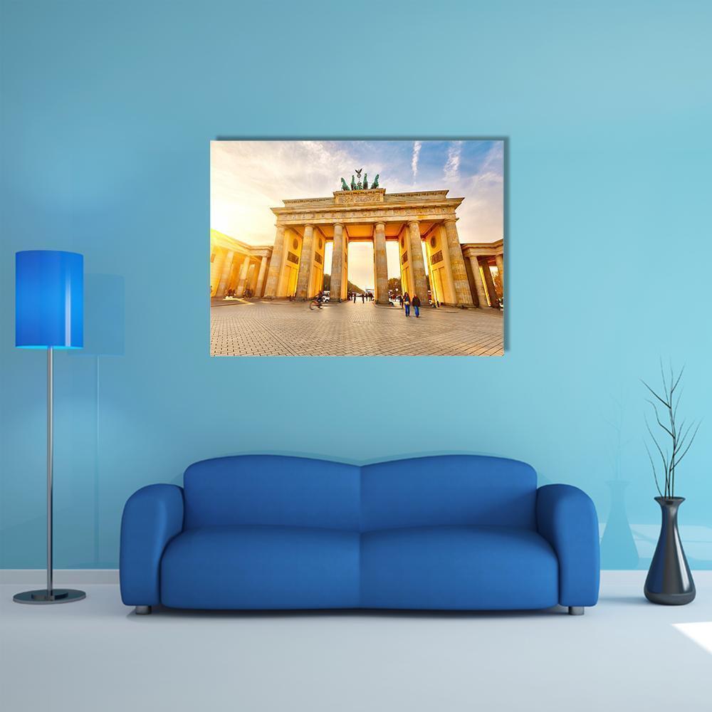 Brandenburg Gate at Sunset Canvas Wall Art in beige, yellow and blue, single panel hung on a wall