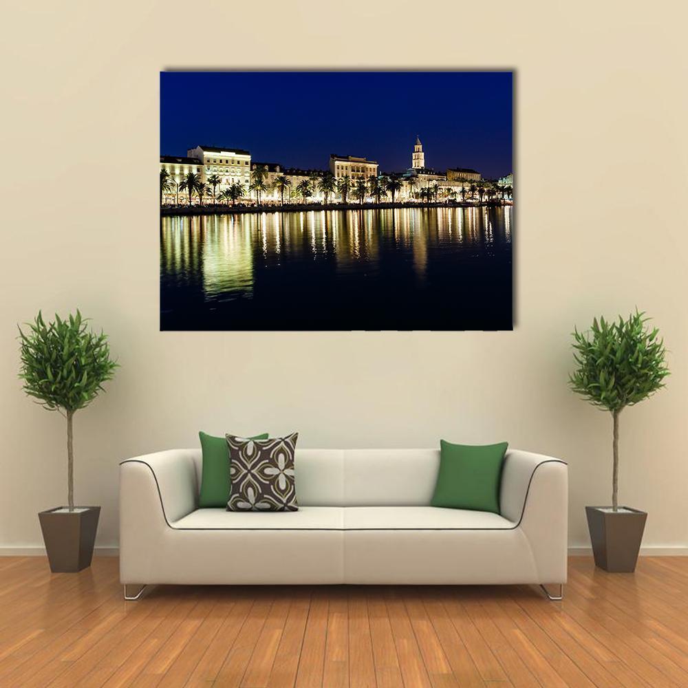 Old Town of Split at Night Canvas Wall Art in black, yellow and blue, single panel hung on a wall