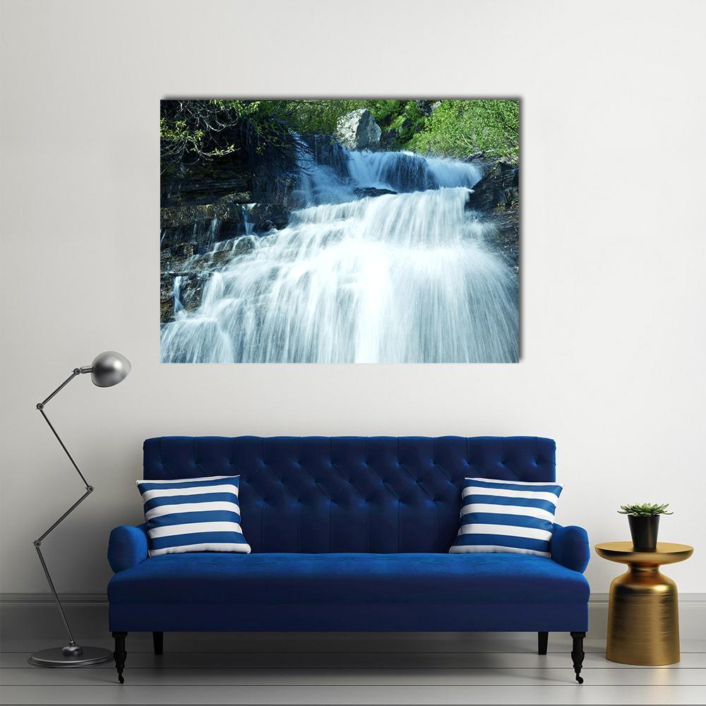 Mountain Waterfall Glacier Canvas Wall Art-1 Piece-Gallery Wrap-36" x 24"-Tiaracle