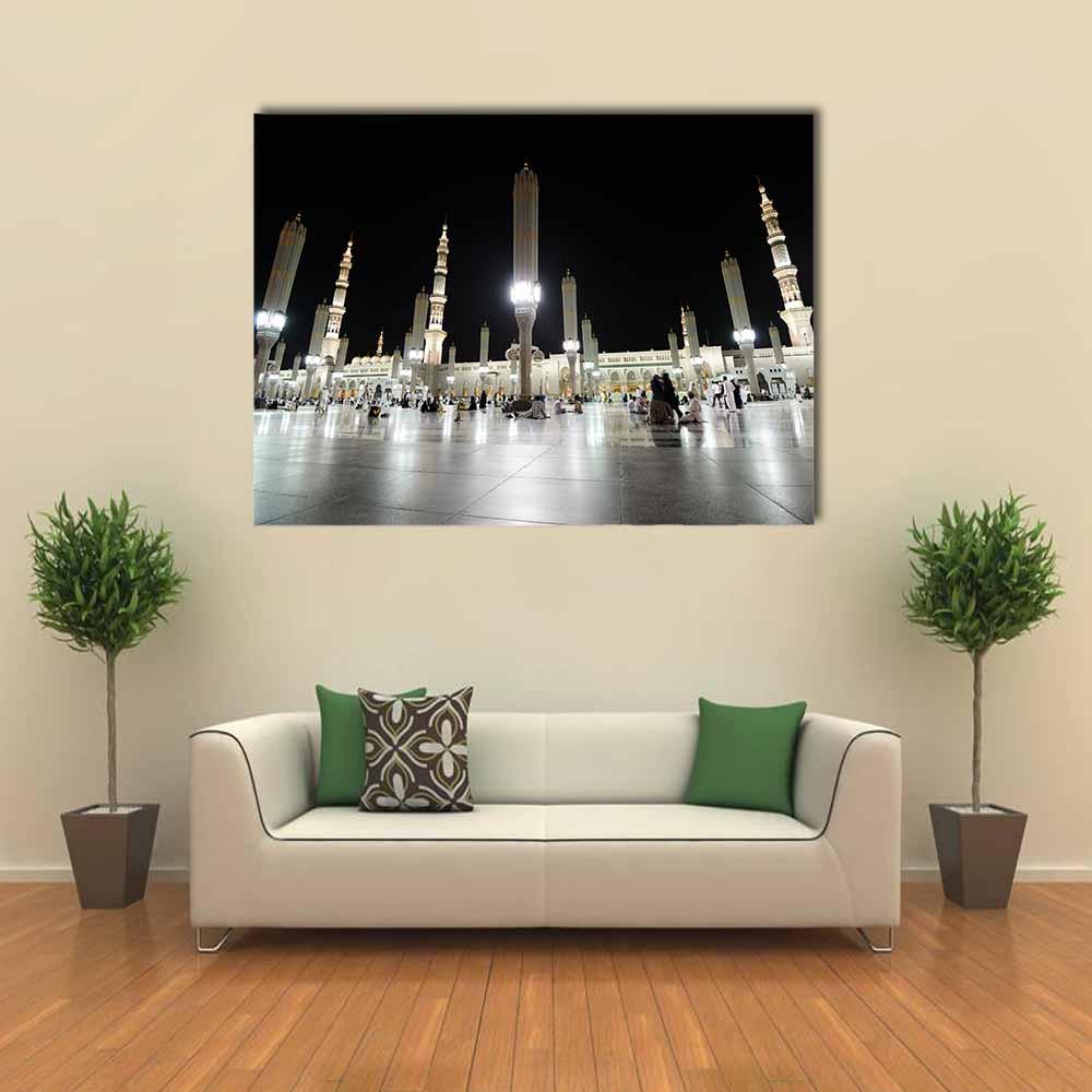 Prophet's Mosque Night View Canvas Wall Art in black, white and beige, single panel hung on a wall