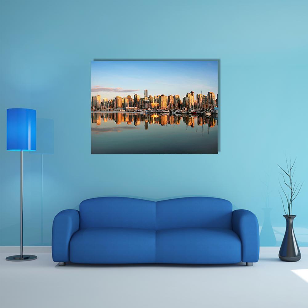 Vancouver Downtown Skyline at Sunset Canvas Wall Art in gold, orange and blue, single panel hung on a wall