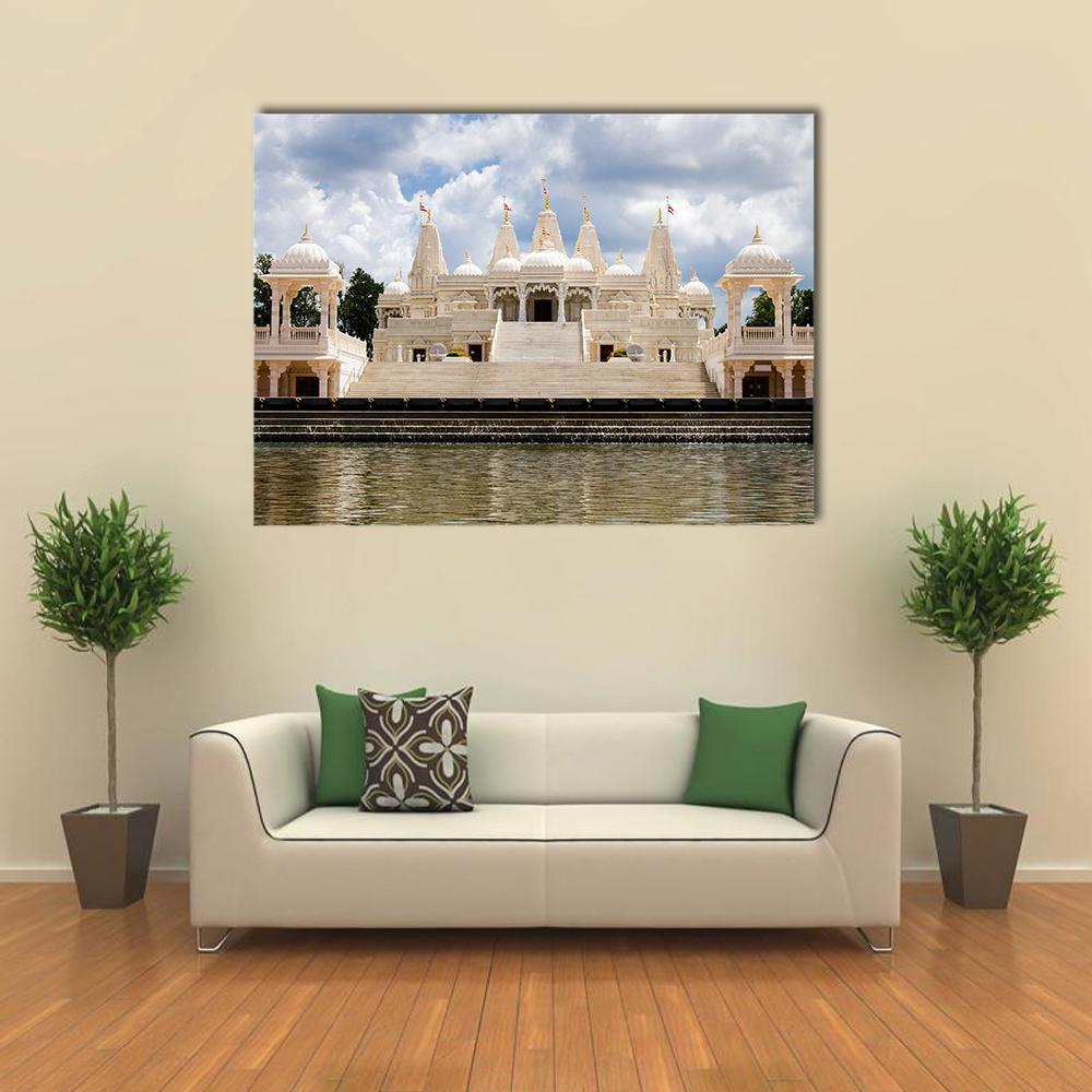Hindu Temple in Atlanta Canvas Wall Art in white, beige and blue, single panel hung on a wall