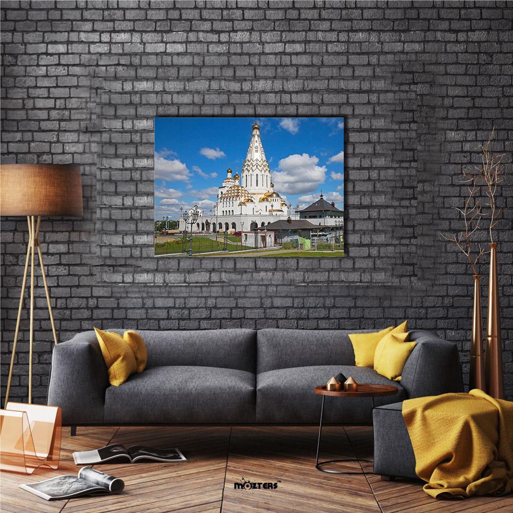 All Saints Church in Minsk Canvas Wall Art in white, gold and blue, single panel hung on a wall