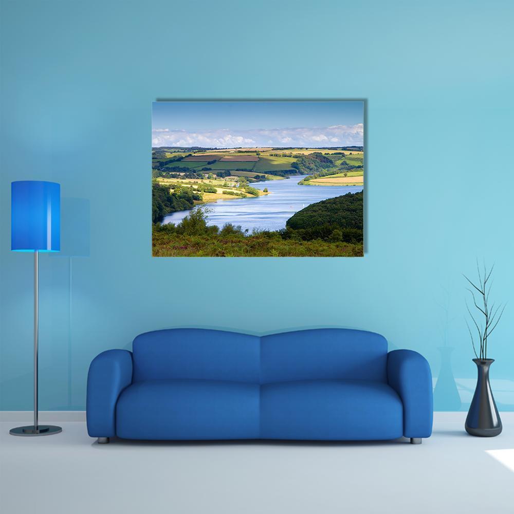 Wimbleball Lake Patchwork Fields and River Canvas Wall Art in yellow, green and blue, single panel hung on a wall
