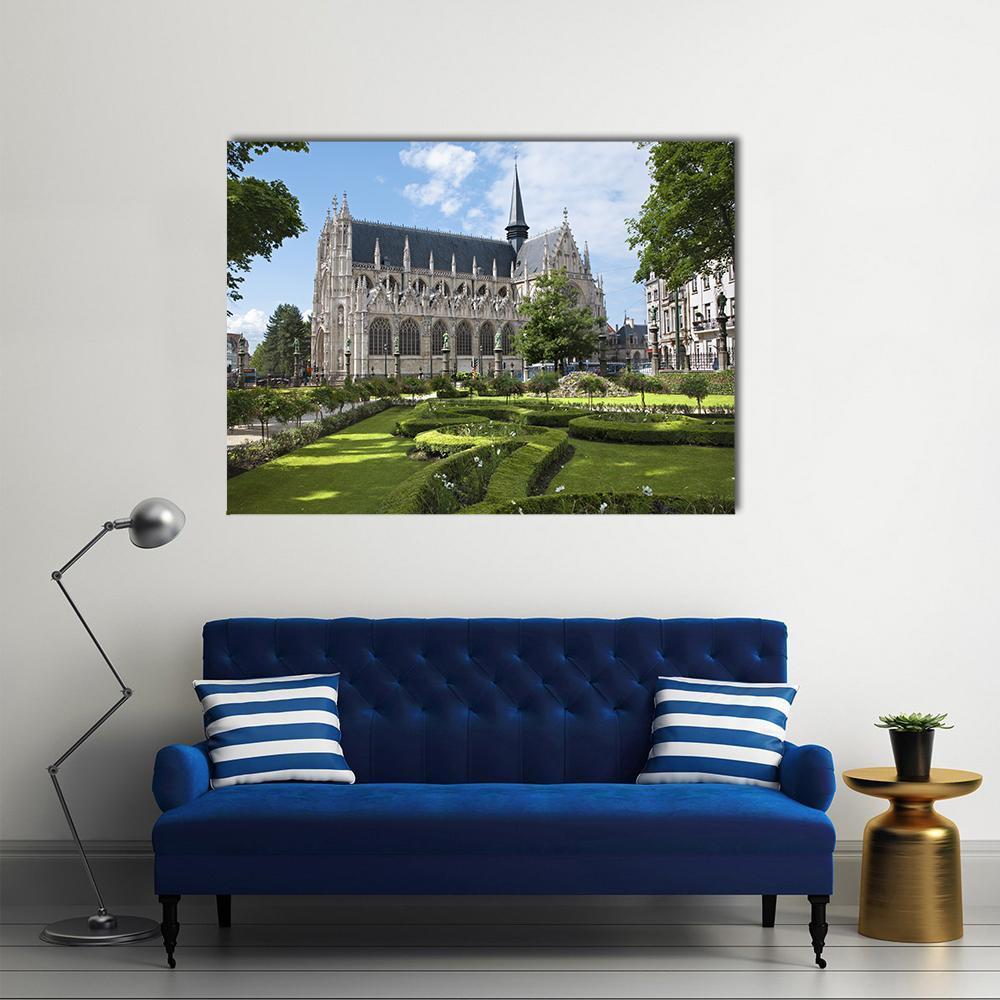 Sablon Gothic Church Canvas Wall Art in gray, green and blue, single panel hung on a wall