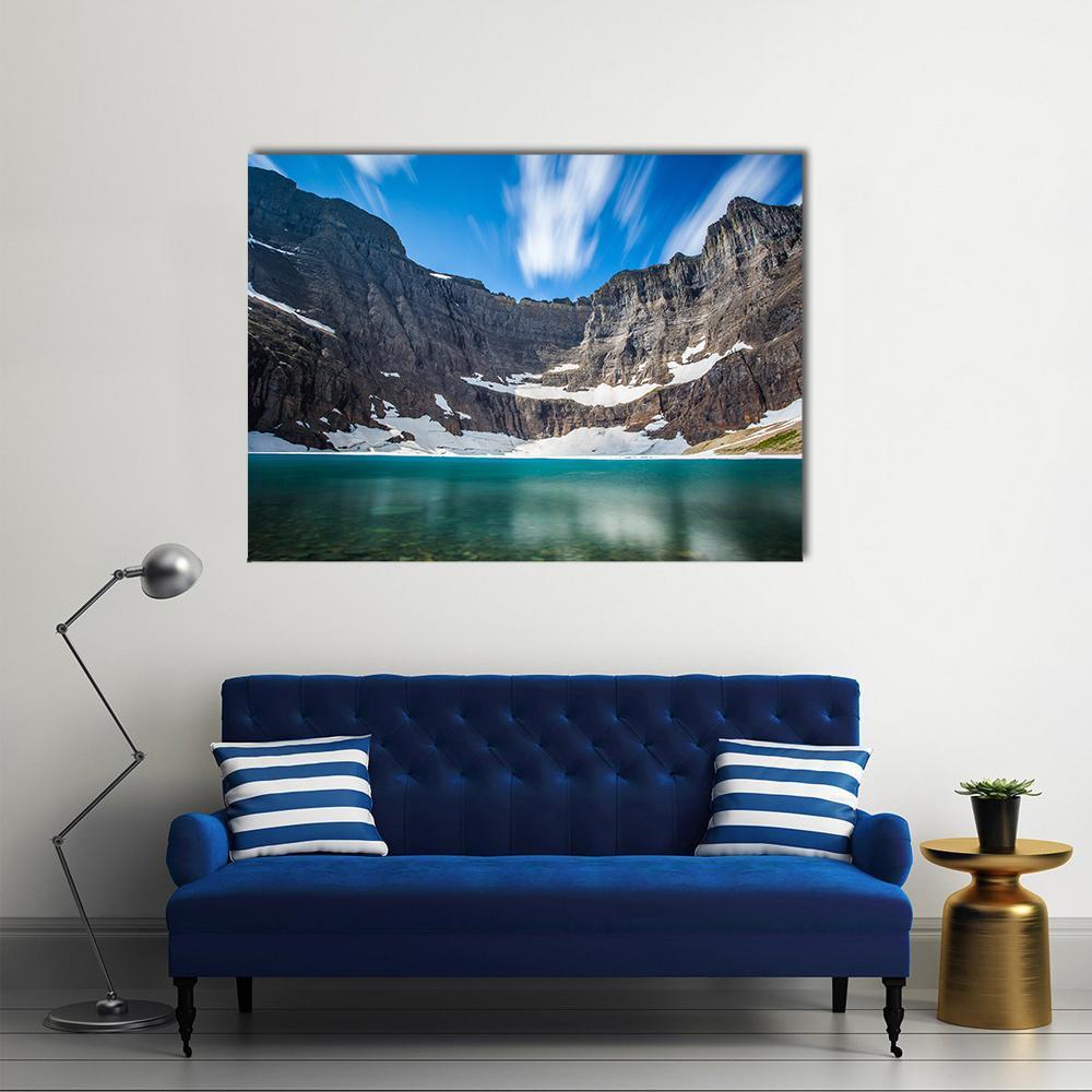Iceberg Lake Canvas Wall Art in white, gray and blue, single panel hung on a wall