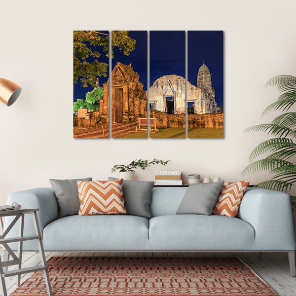 Wat Ratburana Temple At Night In Thailand Canvas Wall Art-4 Horizontal-Gallery Wrap-34" x 24"-Tiaracle