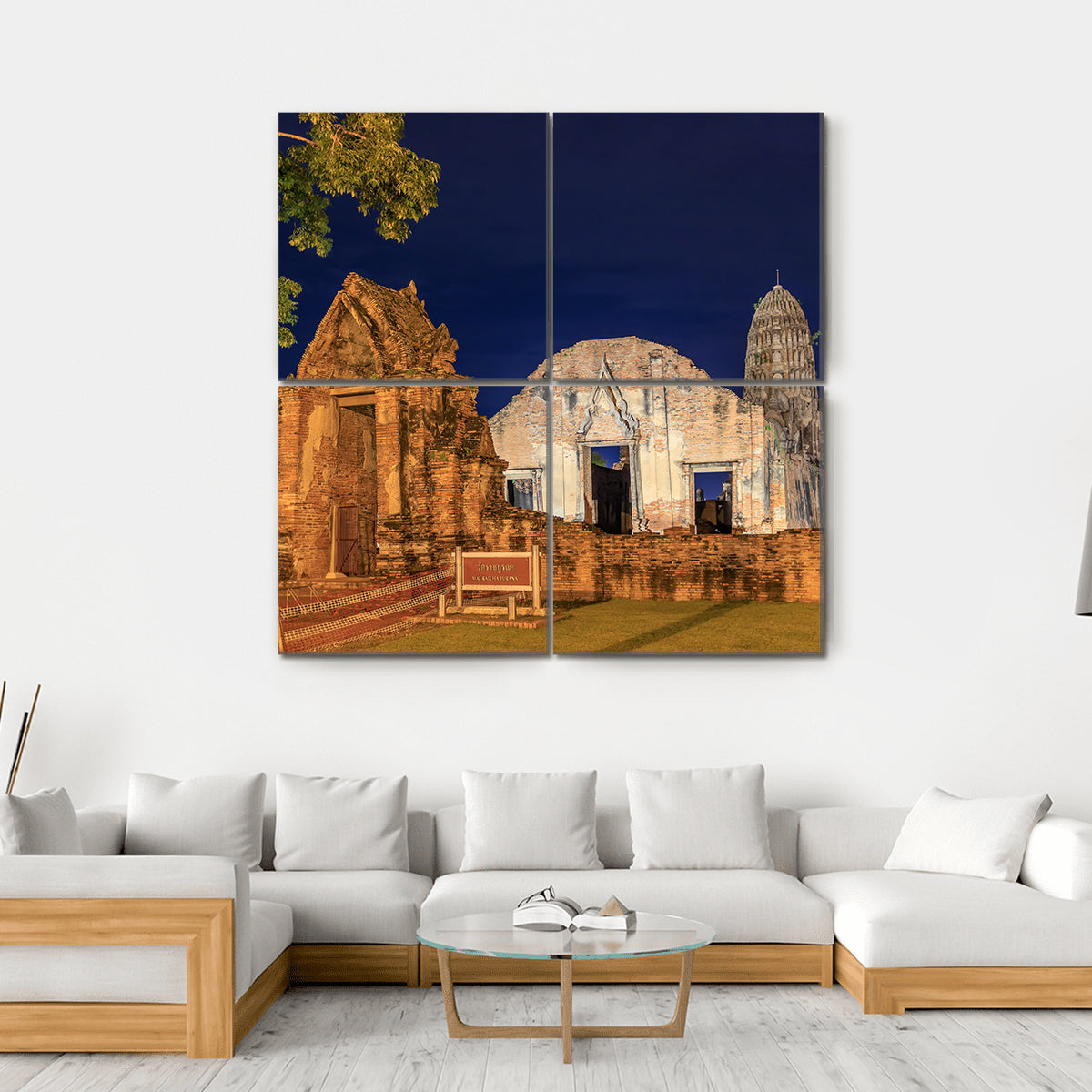 Wat Ratburana Temple At Night In Thailand Canvas Wall Art-4 Square-Gallery Wrap-17" x 17"-Tiaracle
