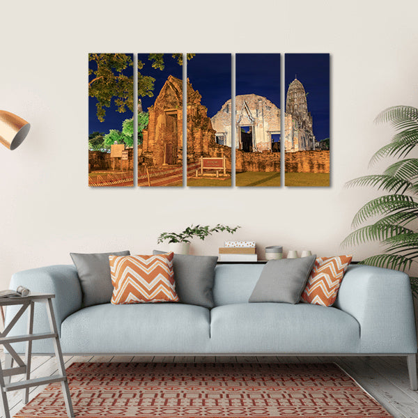 Wat Ratburana Temple At Night In Thailand Canvas Wall Art-5 Horizontal-Gallery Wrap-22" x 12"-Tiaracle