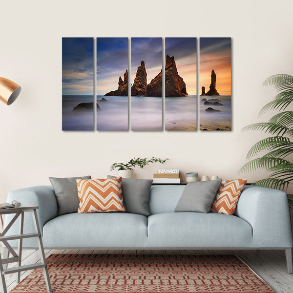 Rocks On Black Beach In Iceland Canvas Wall Art-5 Horizontal-Gallery Wrap-22" x 12"-Tiaracle