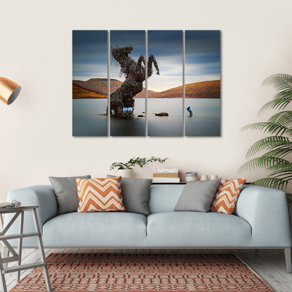 Nykur Horse Sculpture On Sorvagsvatn Lake Canvas Wall Art-4 Horizontal-Gallery Wrap-34" x 24"-Tiaracle