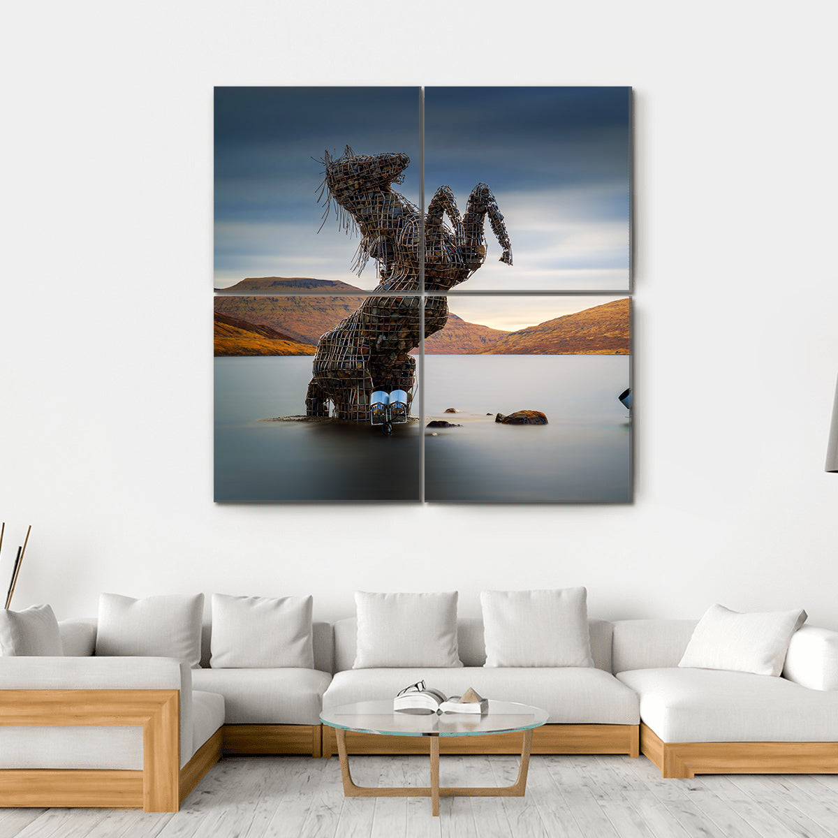 Nykur Horse Sculpture On Sorvagsvatn Lake Canvas Wall Art-4 Square-Gallery Wrap-17" x 17"-Tiaracle