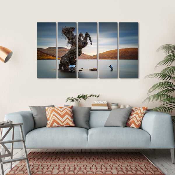 Nykur Horse Sculpture On Sorvagsvatn Lake Canvas Wall Art-5 Horizontal-Gallery Wrap-22" x 12"-Tiaracle