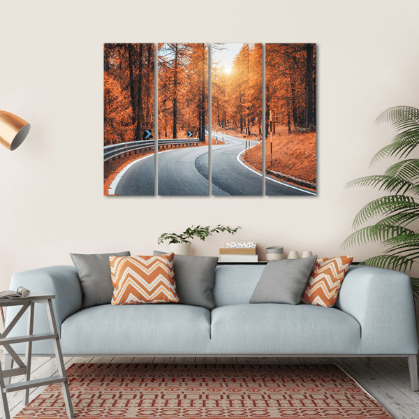 Road In Autumn Forest At Sunset Canvas Wall Art-4 Horizontal-Gallery Wrap-34" x 24"-Tiaracle