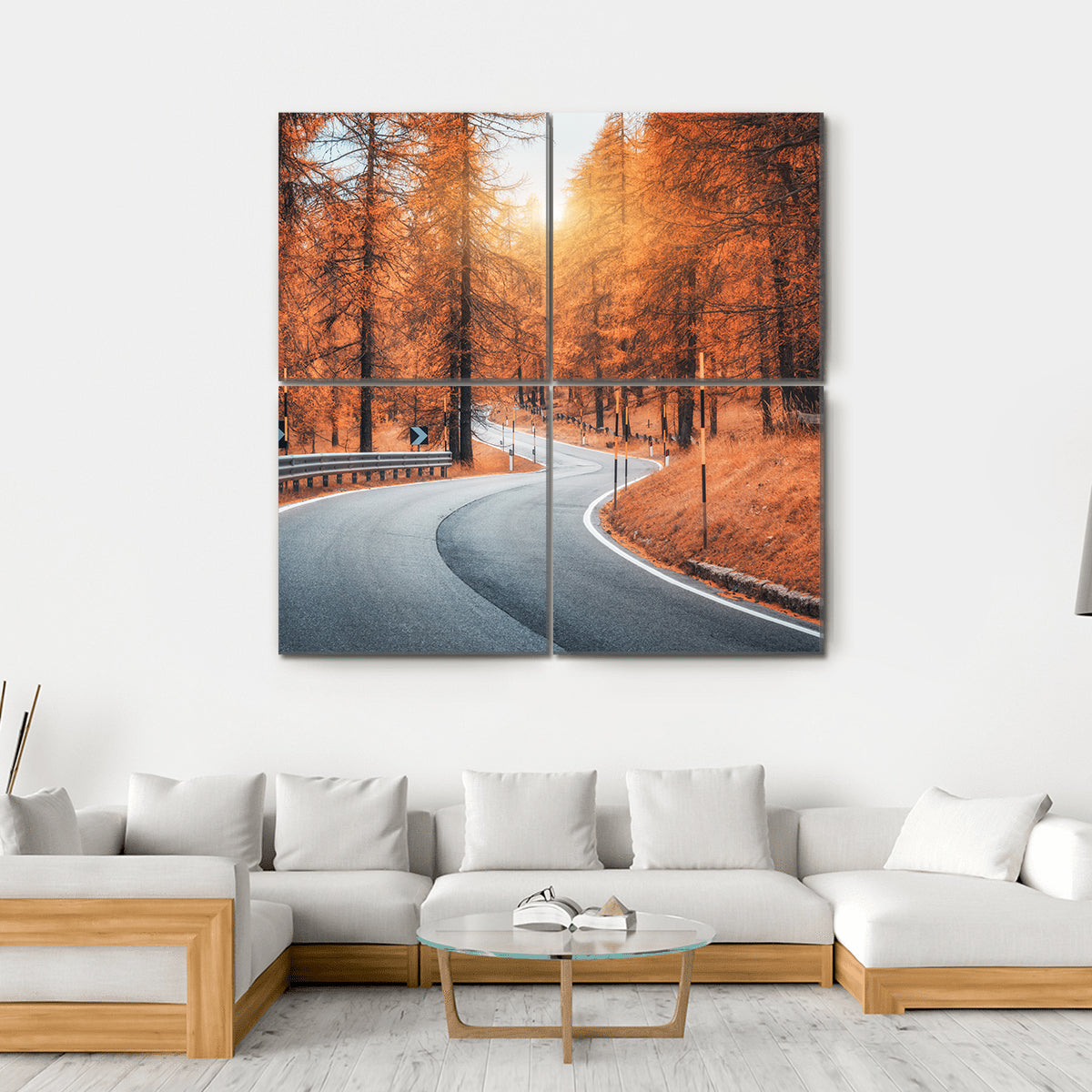 Road In Autumn Forest At Sunset Canvas Wall Art-4 Square-Gallery Wrap-17" x 17"-Tiaracle