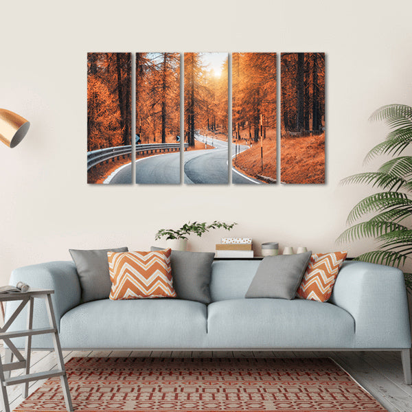 Road In Autumn Forest At Sunset Canvas Wall Art-5 Horizontal-Gallery Wrap-22" x 12"-Tiaracle