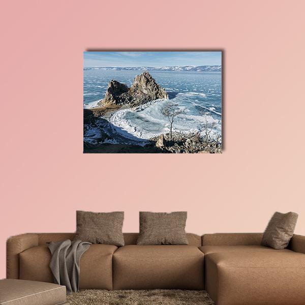 Rock Formations on Lake Baikal Canvas Wall Art in white, brown and blue, single panel hung on a wall