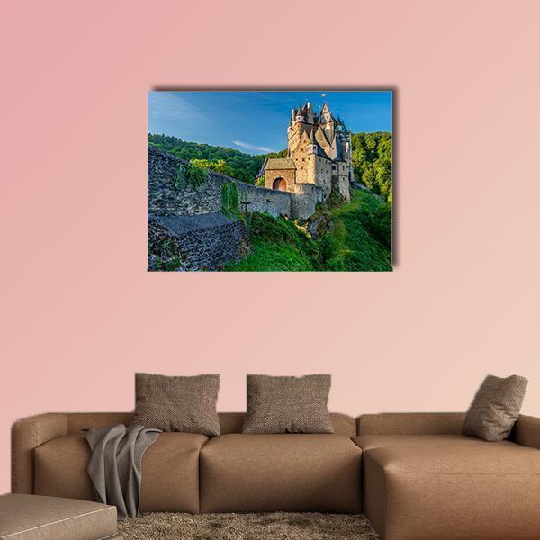 Eltz Castle in Rhineland Canvas Wall Art in gray, green and blue, single panel hung on a wall