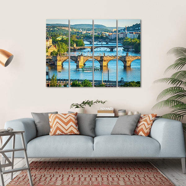Vltava River And Bridges Canvas Wall Art-1 Piece-Gallery Wrap-36" x 24"-Tiaracle