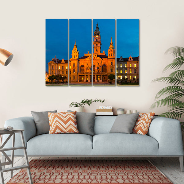 View Of Gyor City Hall At Night In Hungary Canvas Wall Art-4 Horizontal-Gallery Wrap-34" x 24"-Tiaracle