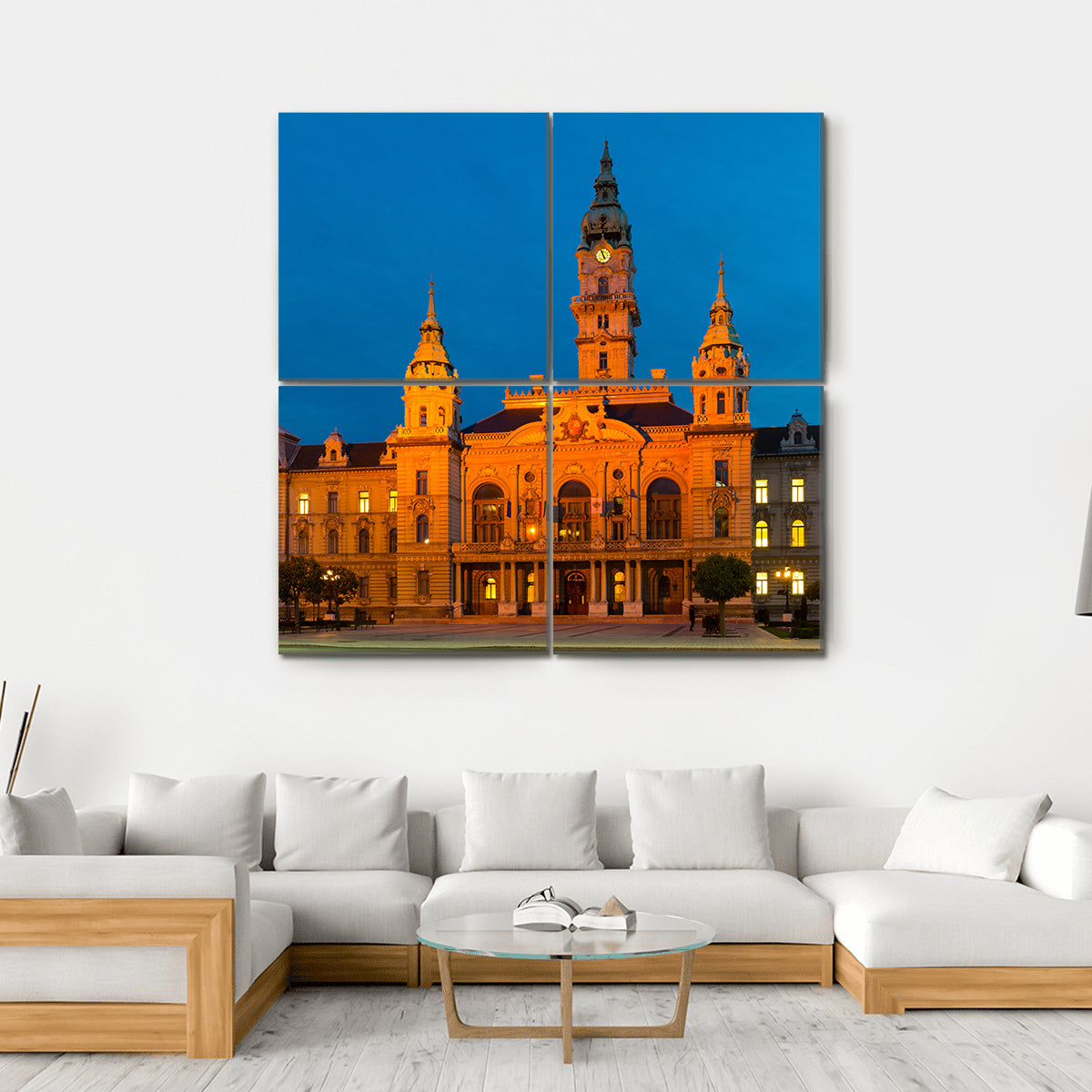View Of Gyor City Hall At Night In Hungary Canvas Wall Art-4 Square-Gallery Wrap-17" x 17"-Tiaracle