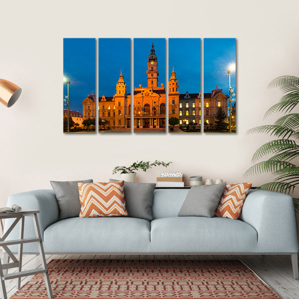 View Of Gyor City Hall At Night In Hungary Canvas Wall Art-5 Horizontal-Gallery Wrap-22" x 12"-Tiaracle