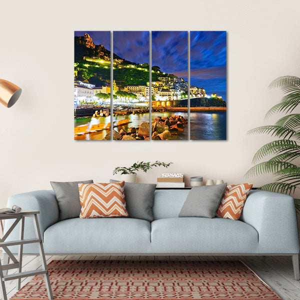 Amalfi Village Along Amalfi Coast At Night Canvas Wall Art-4 Horizontal-Gallery Wrap-34" x 24"-Tiaracle