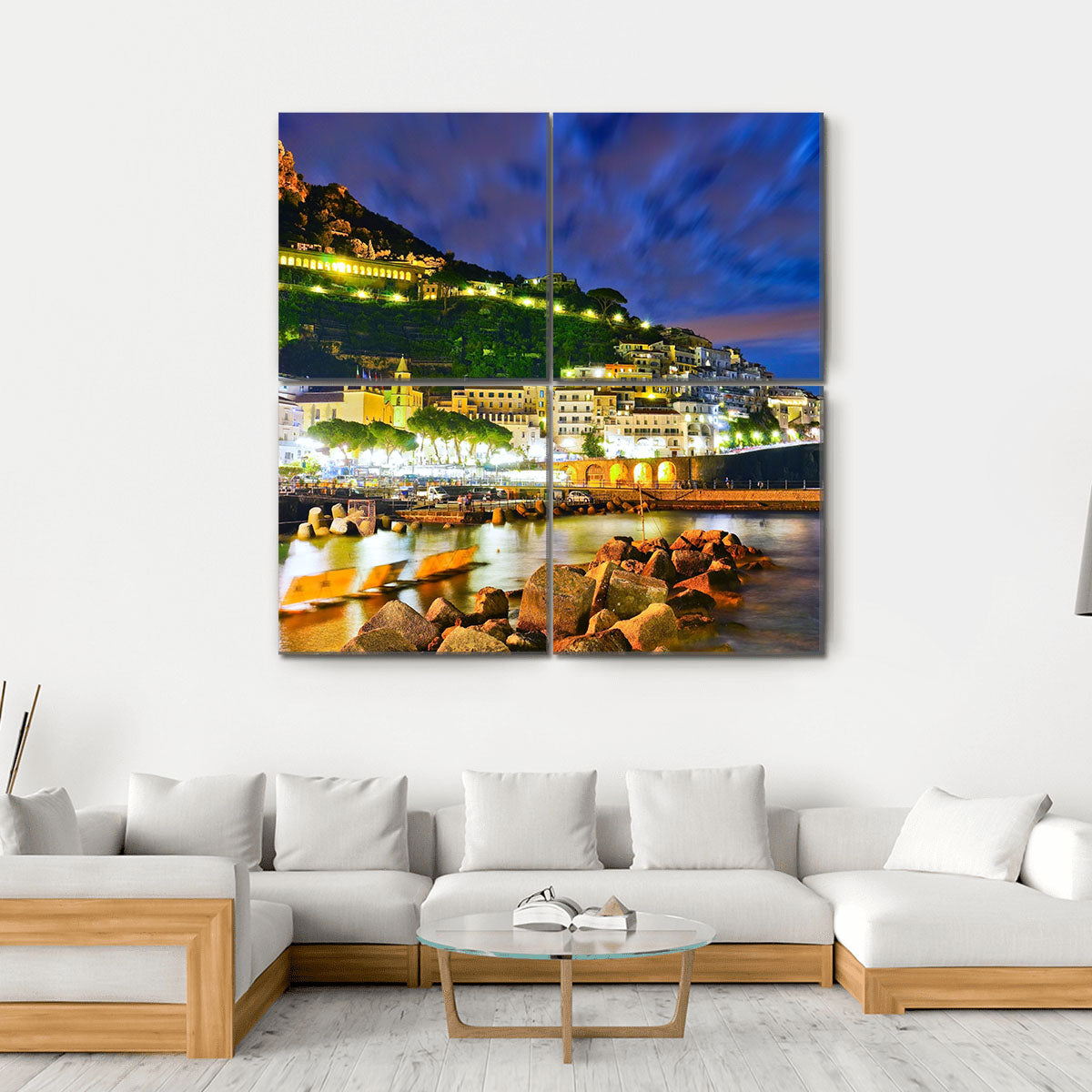 Amalfi Village Along Amalfi Coast At Night Canvas Wall Art-4 Square-Gallery Wrap-17" x 17"-Tiaracle