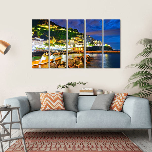 Amalfi Village Along Amalfi Coast At Night Canvas Wall Art-5 Horizontal-Gallery Wrap-22" x 12"-Tiaracle