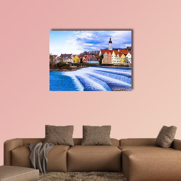Landsberg Am Lech River Weir Canvas Wall Art in white, orange and blue, single panel hung on a wall
