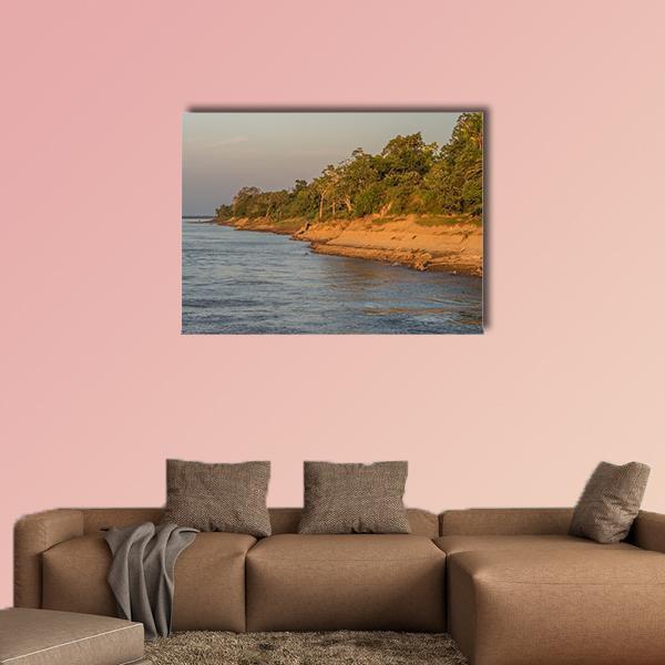 Bank of the Amazon River Canvas Wall Art in brown, green and blue, single panel hung on a wall
