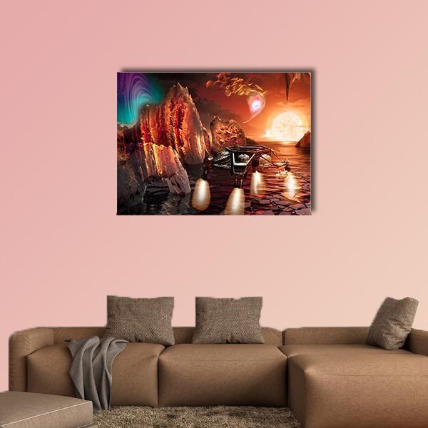 Spaceship Landing on Alien Planet Canvas Wall Art in brown, orange and purple, single panel hung on a wall