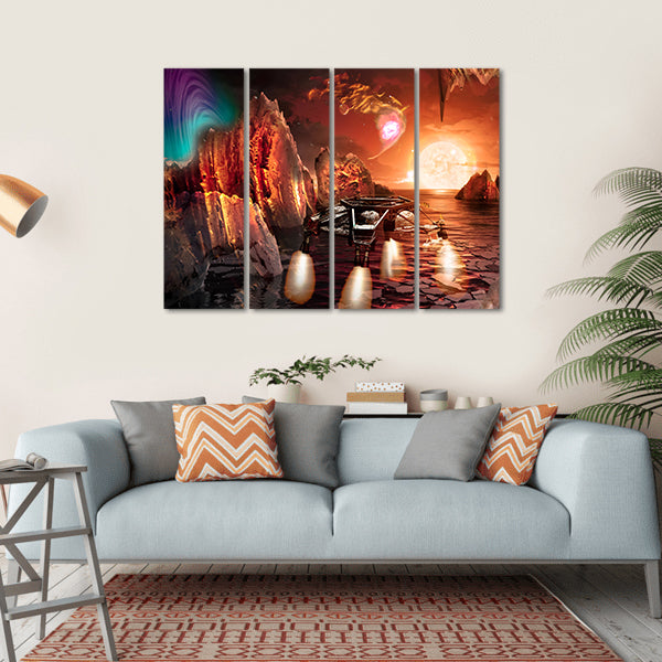 Spaceship Landing On Alien Planet Canvas Wall Art-4 Horizontal-Gallery Wrap-34" x 24"-Tiaracle