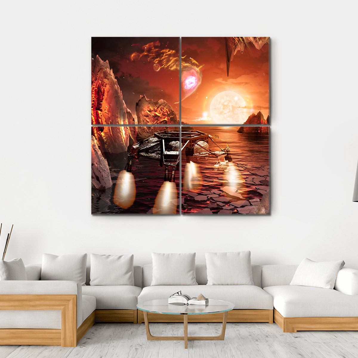 Spaceship Landing On Alien Planet Canvas Wall Art-4 Square-Gallery Wrap-17" x 17"-Tiaracle