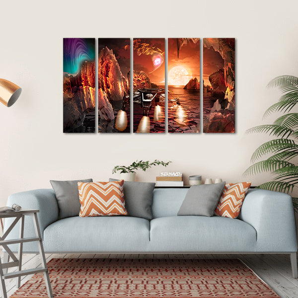 Spaceship Landing On Alien Planet Canvas Wall Art-5 Horizontal-Gallery Wrap-22" x 12"-Tiaracle