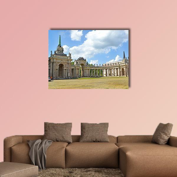 New Palace Colonnade with Green Spire Canvas Wall Art in gray, beige and blue, single panel hung on a wall