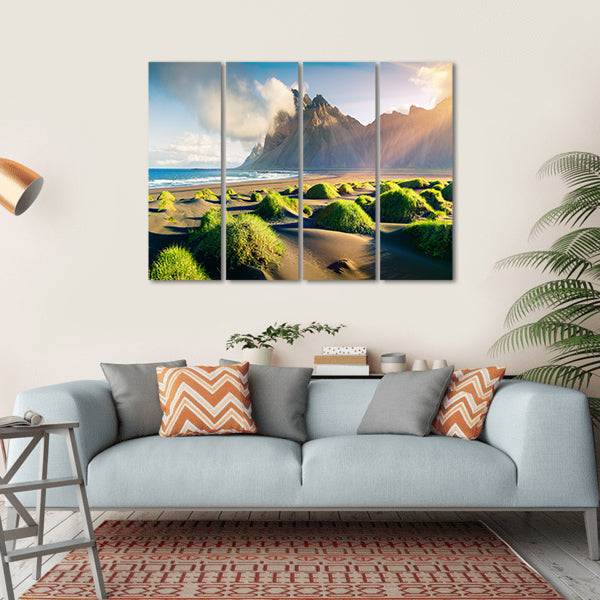 Green Dunes With Vestrahorn Canvas Wall Art-4 Horizontal-Gallery Wrap-34" x 24"-Tiaracle