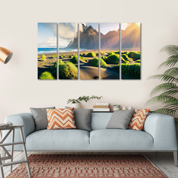 Green Dunes With Vestrahorn Canvas Wall Art-5 Horizontal-Gallery Wrap-22" x 12"-Tiaracle