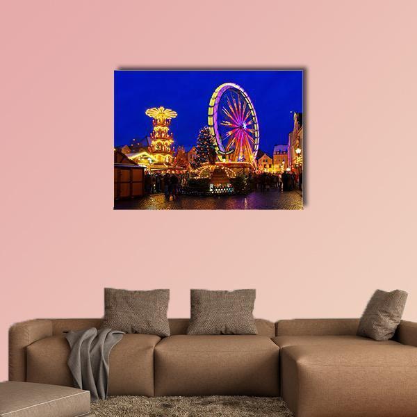 Cottbus Christmas Market at Night Canvas Wall Art in orange, yellow and blue, single panel hung on a wall